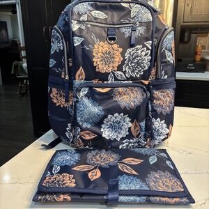 Eastport Diaper Bag Backpack Tote Blue Floral Unisex Baby Changing Pad Pockets